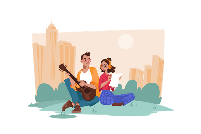 Couple enjoying music in the garden  Illustration