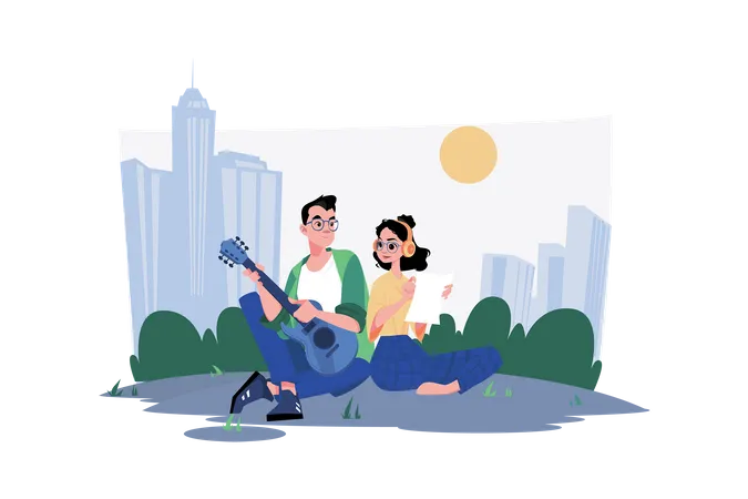 Couple enjoying music in the garden  Illustration