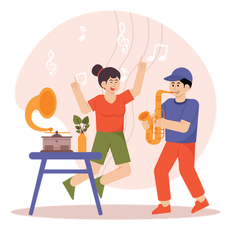 Couple Enjoying Music On Gramophone And Trumpet  Illustration