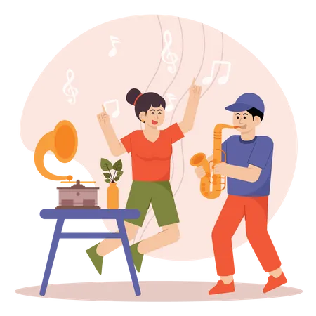 Couple Enjoying Music On Gramophone And Trumpet  Illustration