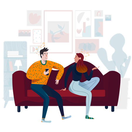 Couple enjoying music while sitting on couch at home  Illustration