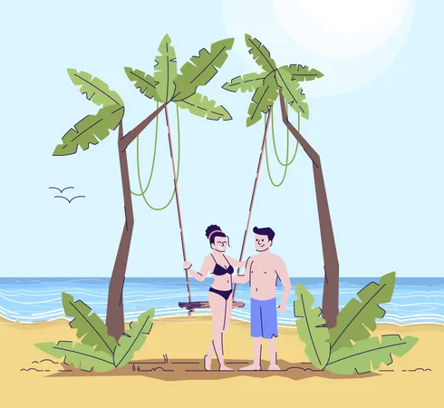 Couple On Beach With Palm Trees Flat Doodle Illustration Romantic Activity Swinging Vacation In Exotic Country Seaside Indonesia Tourism 2 D Cartoon Character With Outline For Commercial Use Illustration