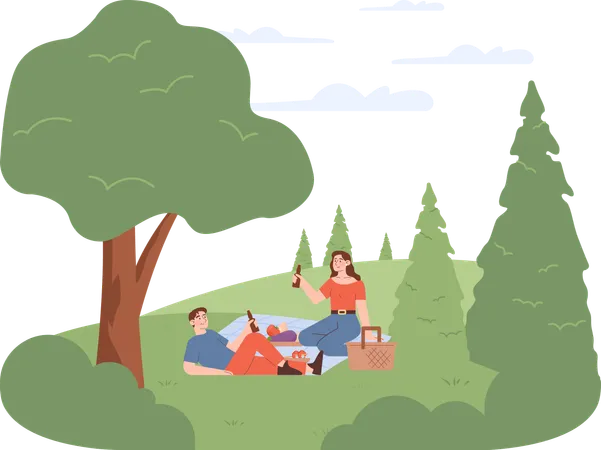 Couple enjoying picnic in forest  Illustration