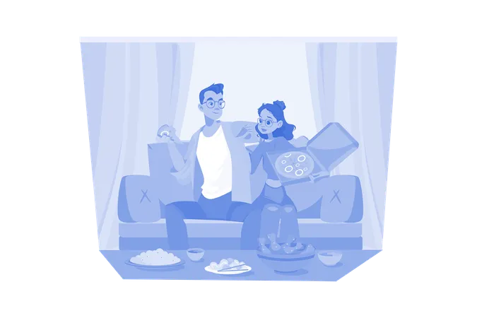 Couple enjoying pizza in home  Illustration