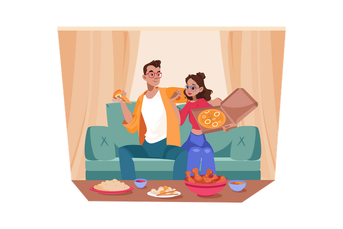 Couple enjoying pizza in home Illustration