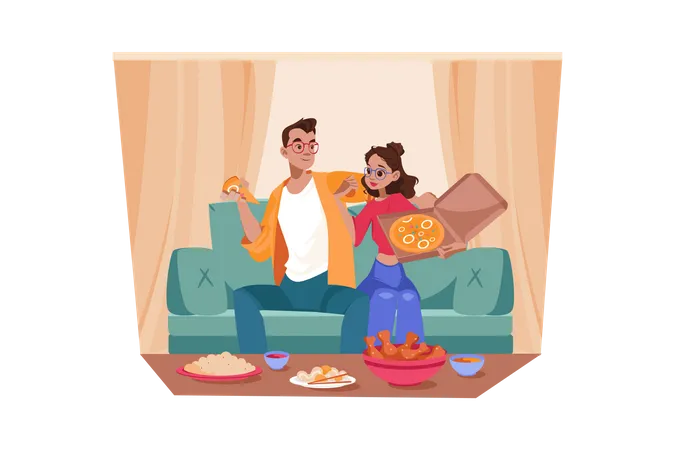 Couple enjoying pizza in home  Illustration