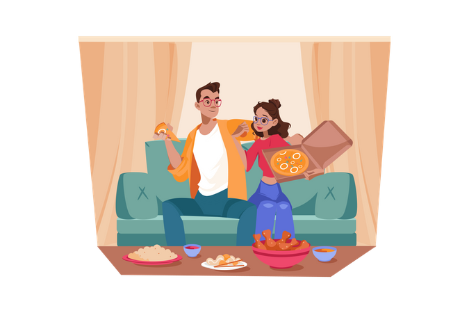 Couple enjoying pizza in home  Illustration