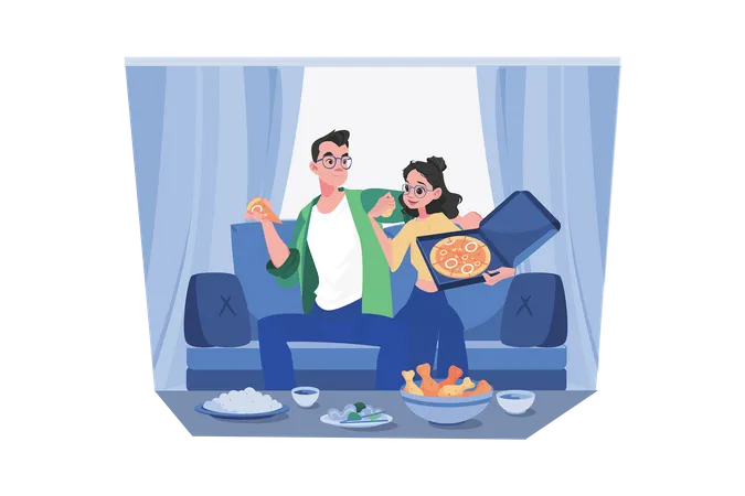 Couple enjoying pizza in home  Illustration