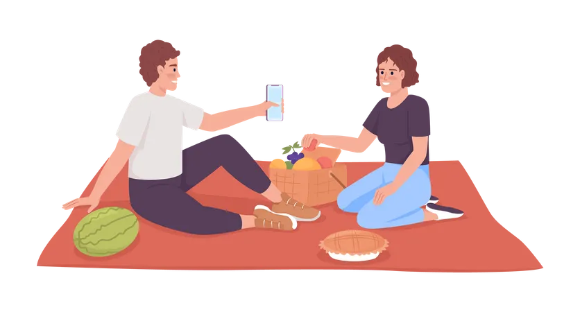 Couple Enjoying Romantic Picnic Date Semi Flat Color Vector Characters Editable Figures Full Body People On White Simple Cartoon Style Illustration For Web Graphic Design And Animation Illustration