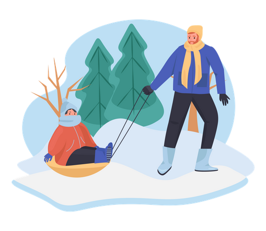 Couple enjoying sliding on sleigh in winter season  Illustration