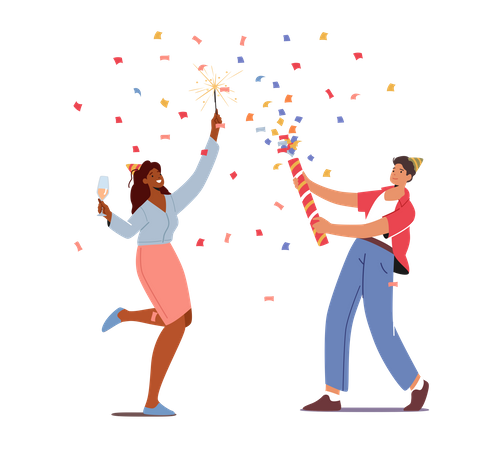 Couple Enjoying Sparklers Burning And Champagne Drinking At Holiday Celebration Illustration