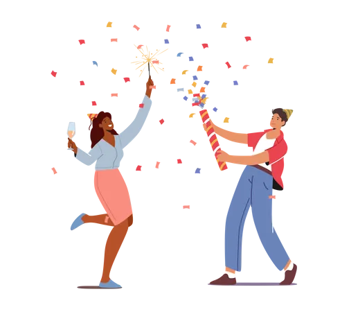 Happy Couple Male And Female Characters Enjoying Sparklers Burning And Champagne Drinking At Holiday Celebration Young Man And Girl Celebrate Festive Event Concept Cartoon People Vector Illustration Illustration