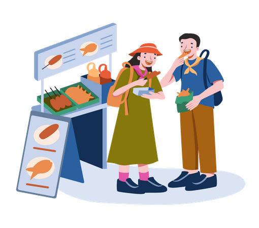 Couple enjoying street food  Illustration