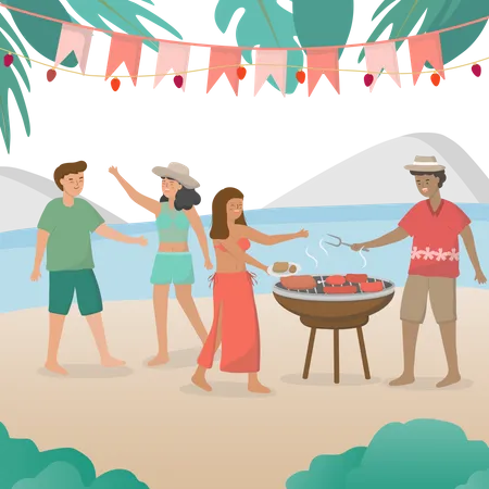 Two Couples Are Invited To Go On A Picnic And Have A Beach Barbeque Party And Grill BBQ At The Beach Beautiful Sandy Beach With Coconut Trees Decorated With String Flags Cartoon Vector Illustration In Flat Style Illustration