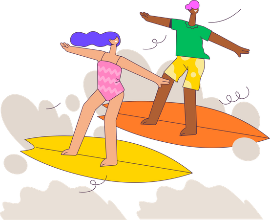 Couple enjoying Surfing  Illustration