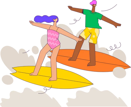 Couple enjoying Surfing  Illustration