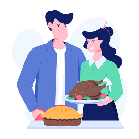 Couple enjoying Thanksgiving Dinner  Illustration