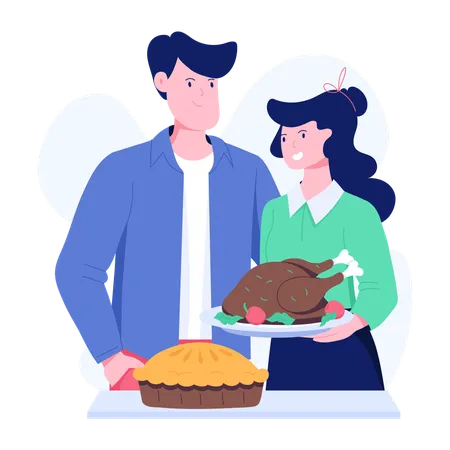 Couple enjoying Thanksgiving Dinner  Illustration