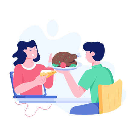 Couple enjoying Thanksgiving Food  Illustration