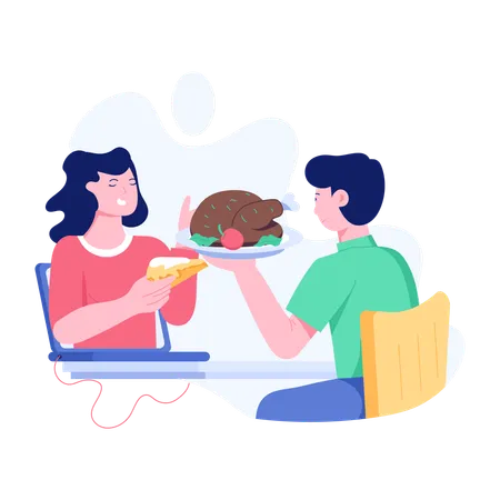 Couple enjoying Thanksgiving Food  Illustration