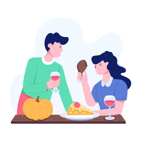 Couple enjoying Thanksgiving Party  Illustration