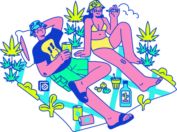 Couple enjoying weeds and smoking  Illustration