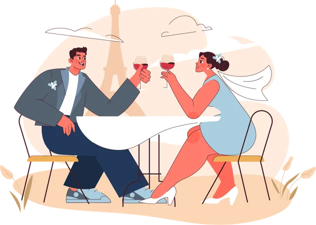 Couple enjoying wine at honeymoon  Illustration