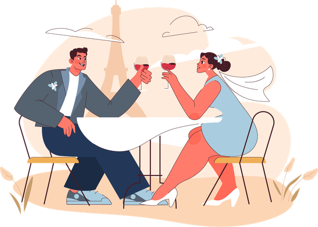 Couple enjoying wine at honeymoon  일러스트레이션