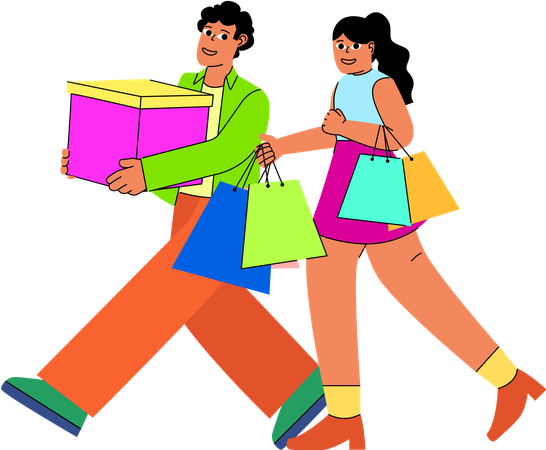 Couple enjoys a vibrant shopping experience together and carrying bags and a large gift box  Illustration