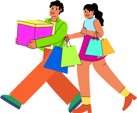 Couple enjoys a vibrant shopping experience together and carrying bags and a large gift box  Illustration