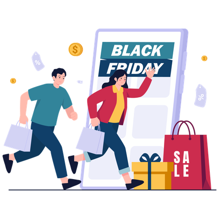 Couple enjoys Black Friday Mobile Rush  Illustration