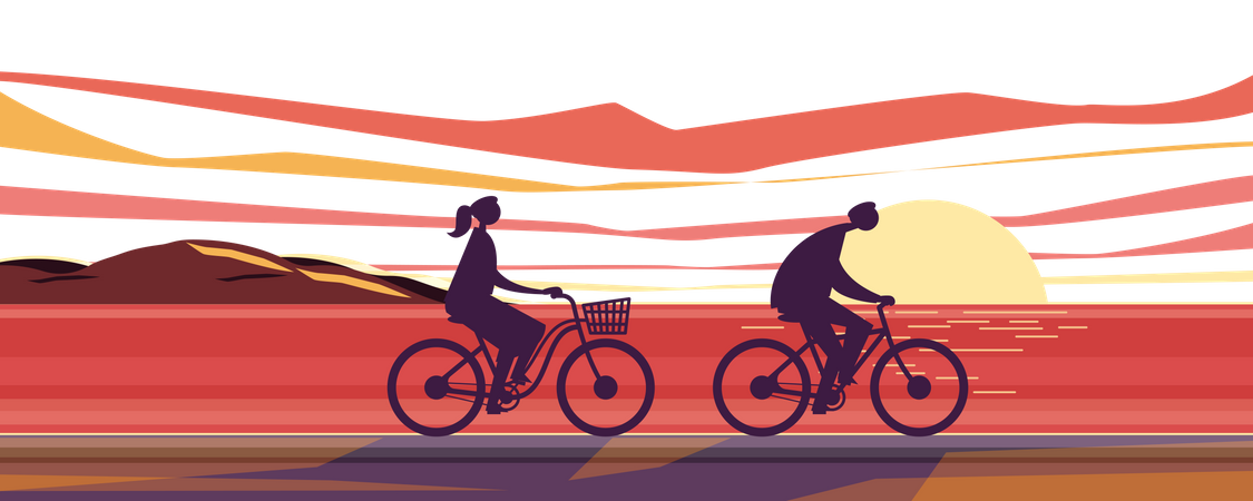 Couple à vélo pendant le coucher du soleil  Illustration