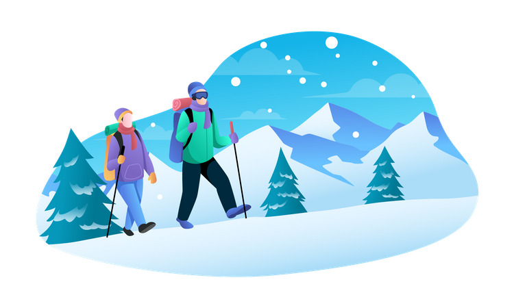 Couple escaladant des montagnes en hiver  Illustration