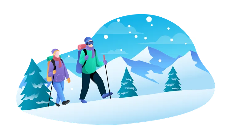 Couple escaladant des montagnes en hiver  Illustration