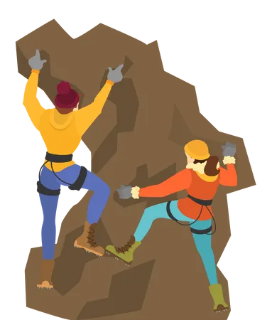 Un Couple Alpiniste Gravit La Montagne Sport Extreme Et Effort Intense Concept Dalpinisme Et De Grimpeur Illustration Vectorielle Isolee En Style Dessin Anime Illustration