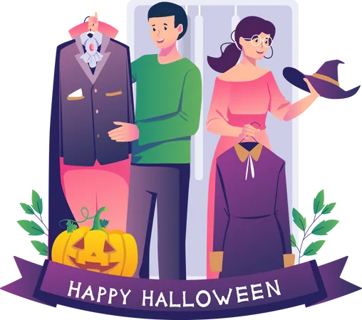 Couple essayant des tenues effrayantes habillées pour se préparer à la fête d'Halloween  Illustration