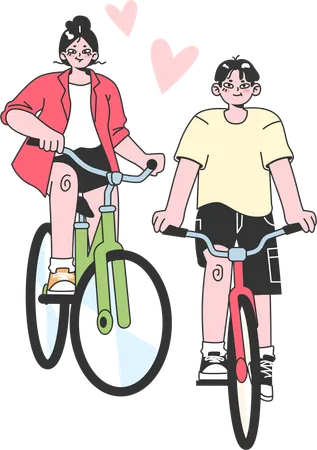 Le couple est en balade à vélo  Illustration