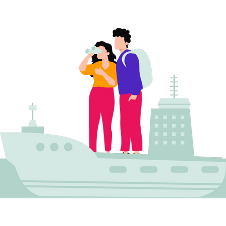 Un couple est en vacances sur un bateau  Illustration