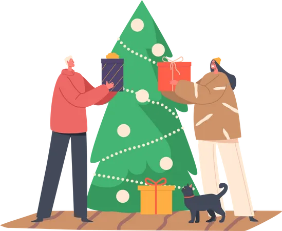 Couple exchanging christmas gifts Illustration