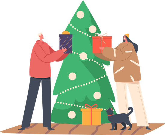 Couple exchanging christmas gifts  Illustration