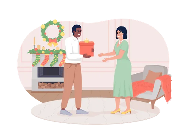 Couple Exchanging Presents 2 D Vector Isolated Illustration Christmas Gifts Flat Characters On Cartoon Background Holiday Colourful Editable Scene For Mobile Website Presentation Illustration