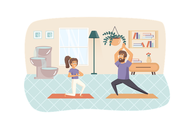 Couple exerçant et pratiquant des asanas de yoga à la maison  Illustration