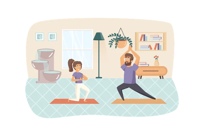 Couple exercising and practicing yoga asanas at home  Illustration