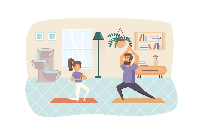 Couple exercising and practicing yoga asanas at home  Illustration