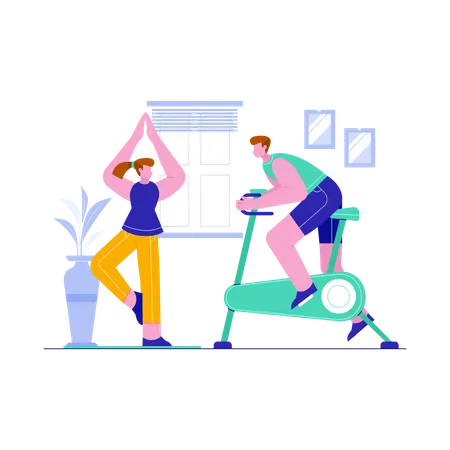 Couple exercising at home  イラスト