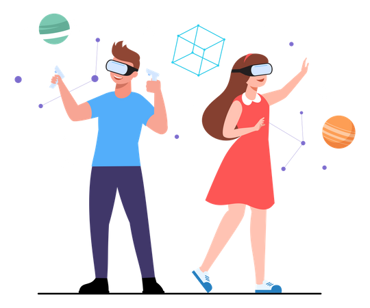 Couple experiencing VR while wearing goggles Illustration