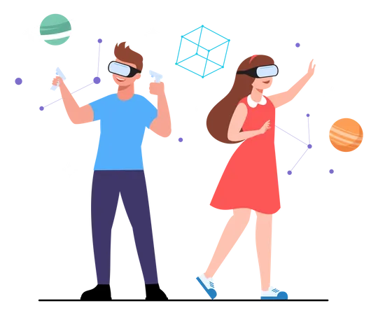 Couple experiencing VR while wearing goggles  Illustration