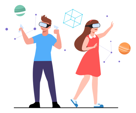 Couple expérimentant la réalité virtuelle tout en portant des lunettes  Illustration