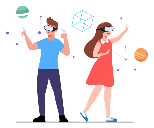 Couple expérimentant la réalité virtuelle tout en portant des lunettes  Illustration