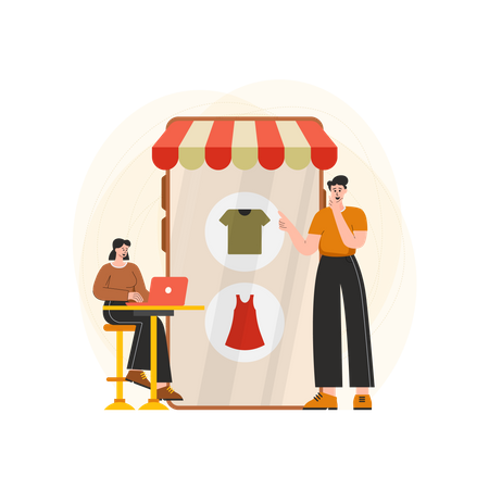 Couple exploring an online clothing shop  Illustration